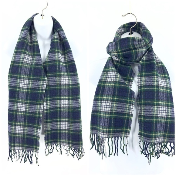 LL Bean Italian Wool Blend Plaid Scarf Fringe Trim Blue Green Made In Italy - Picture 1 of 7